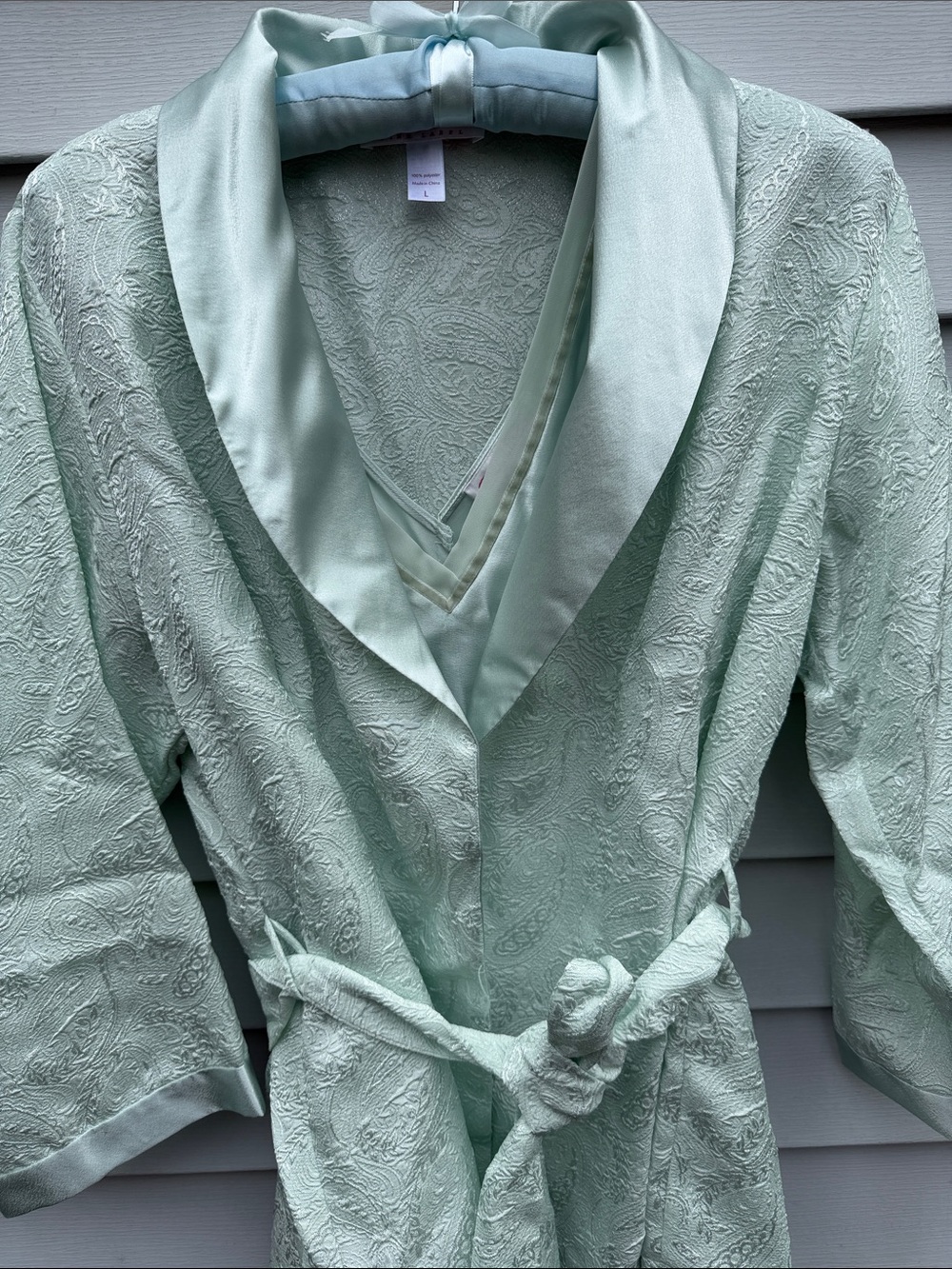 Oscar de la Renta Pale Mint Satin-Trim Paisley  3 pc Set Pants Tank Robe jacket